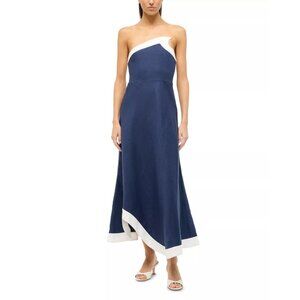 375$ STAUD Sirani Linen Strapless Asymmetrical Hem Dress Size 8 US Blue